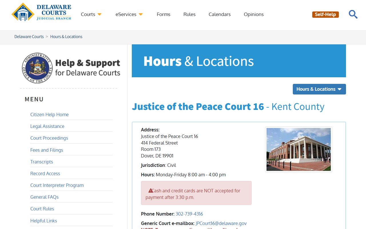 Dover JP Court 16 Court Docket page