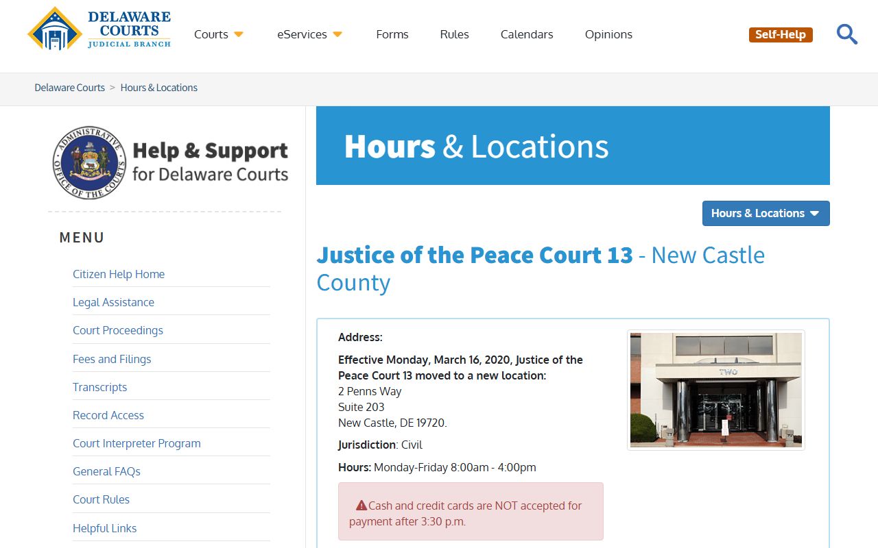 Wilmington JP Court 13 Court Docket page
