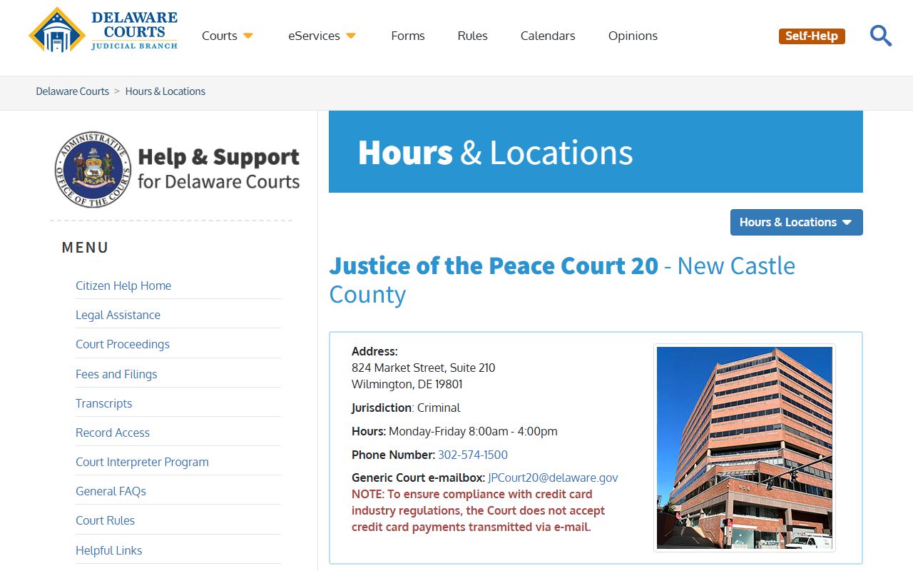 Wilmington JP Court 20 Court Docket page