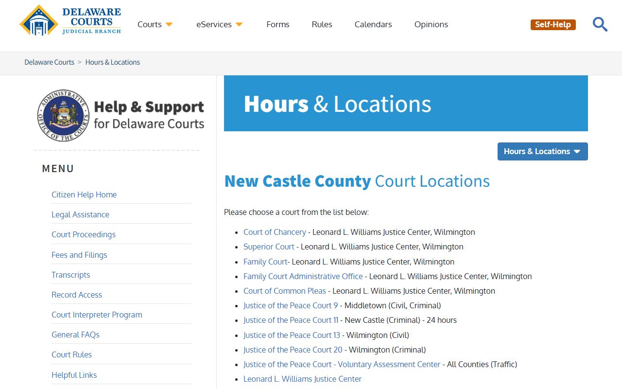 New Castle County Justice of the Peace Court Docket locations