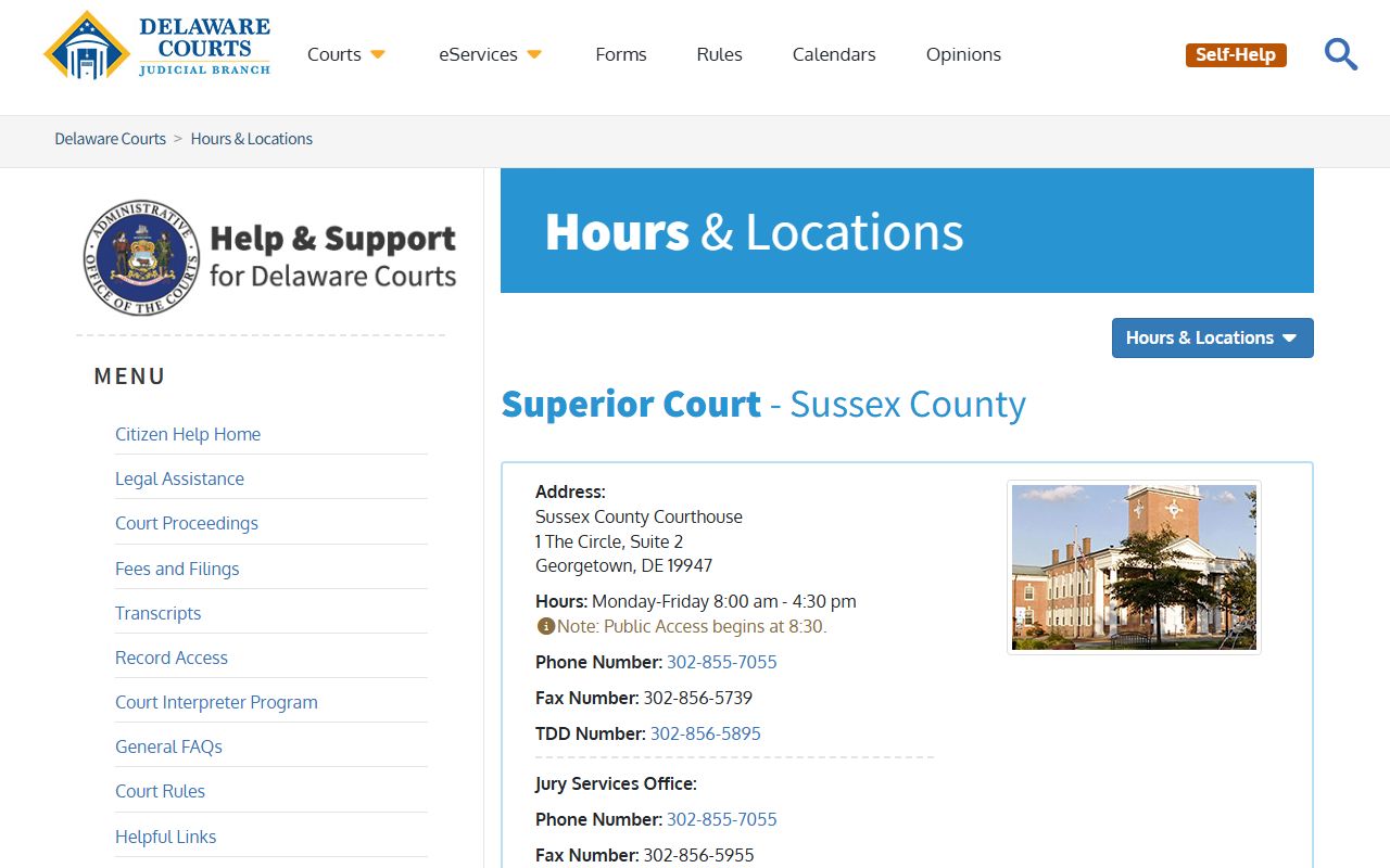 Sussex County Superior Court Court Docket page