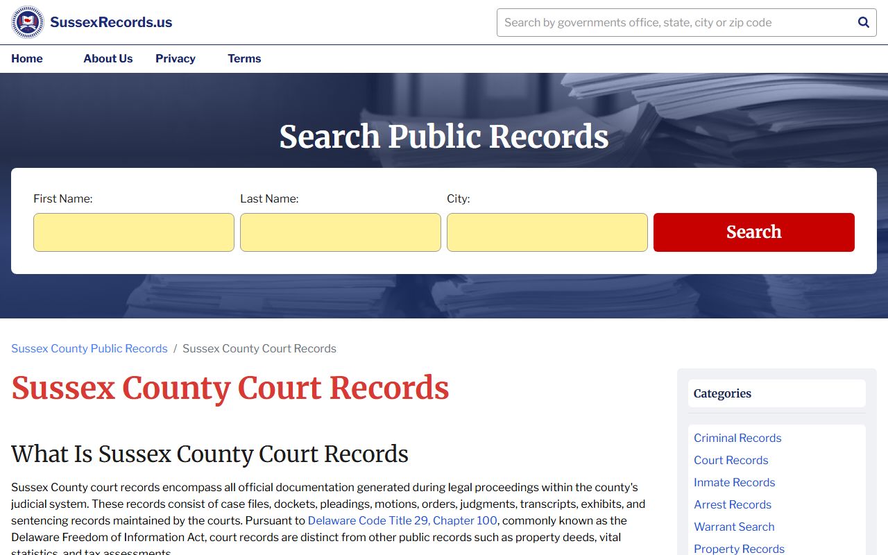 Sussex Records Court Docket info page