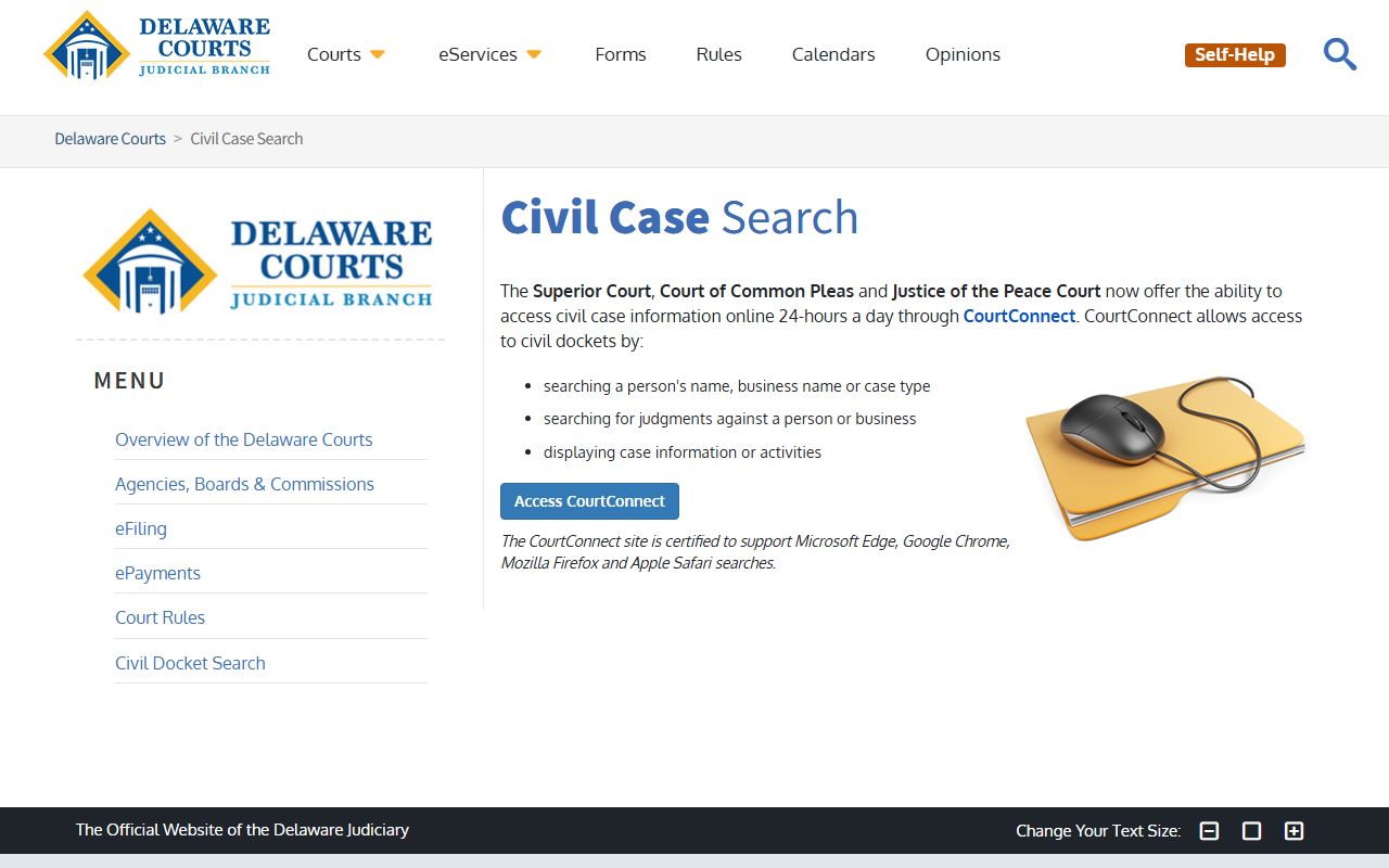 Delaware Civil Case Search Court Docket page