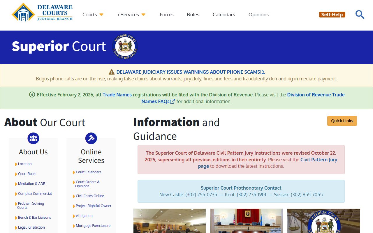 Delaware Superior Court Court Docket records page